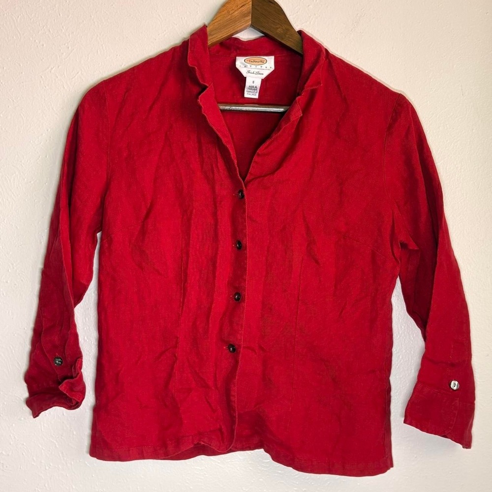 Vintage Talbots Irish Linen Red Cropped Button Up Short Size 8 Breathable
